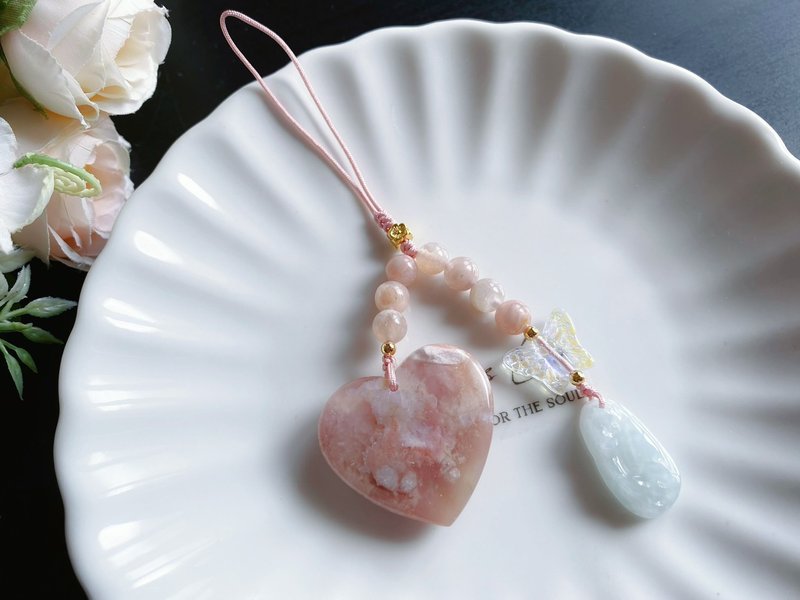 樱花玛瑙 爱心 水中花 蝴蝶琉璃 天然石 礼物 设计款 手机 - 挂绳/吊绳 - 水晶 粉红色