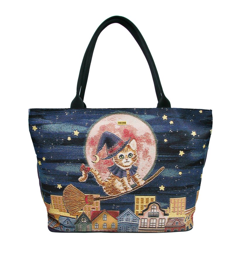 肩背托特包  大容量 / 防泼水 平织缇花 魔女小星猫 - 侧背包/斜挎包 - 其他材质 蓝色