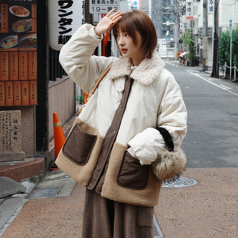 羊羔毛拼接撞色羽绒服|外套|两色|冬款|Sora-1947 - 女装休闲/机能外套 - 棉．麻 多色