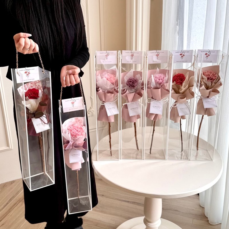康乃馨单支花束+透明金链提袋组 永生花 干燥花 母亲节礼盒圣诞树 - 植栽 - 植物．花 多色