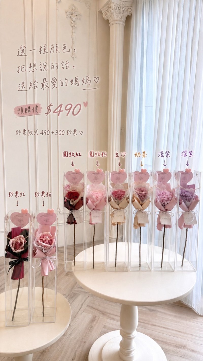 康乃馨单支花束+透明金链提袋组 永生花 干燥花 母亲节礼盒圣诞树 - 植栽 - 植物．花 多色