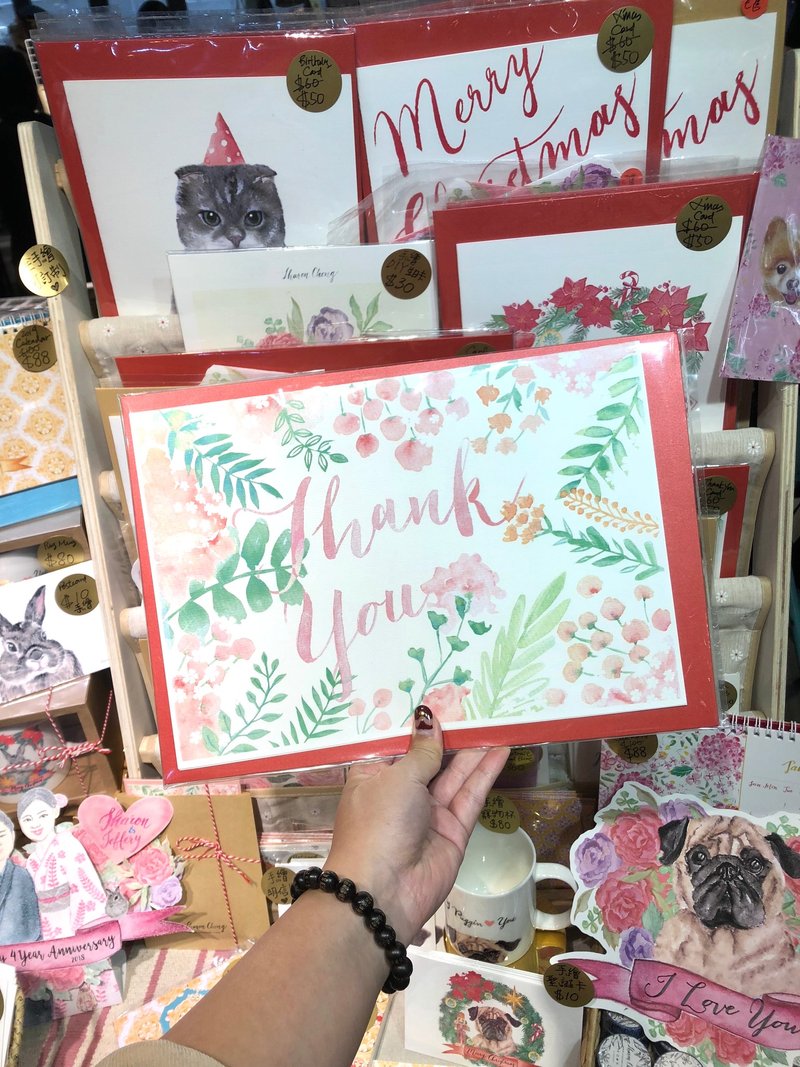 手绘水彩花花感谢A4连信封大卡 配手写Calligraphic thank you字 - 卡片/明信片 - 纸 粉红色