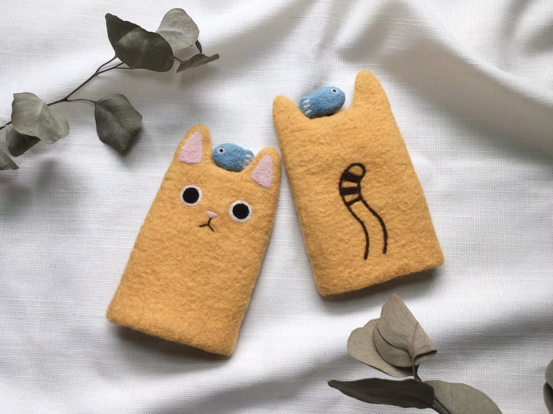 【客订】猫咪 羊毛毡  钥匙套 钥匙包 纯手工制作 - 钥匙链/钥匙包 - 羊毛 橘色
