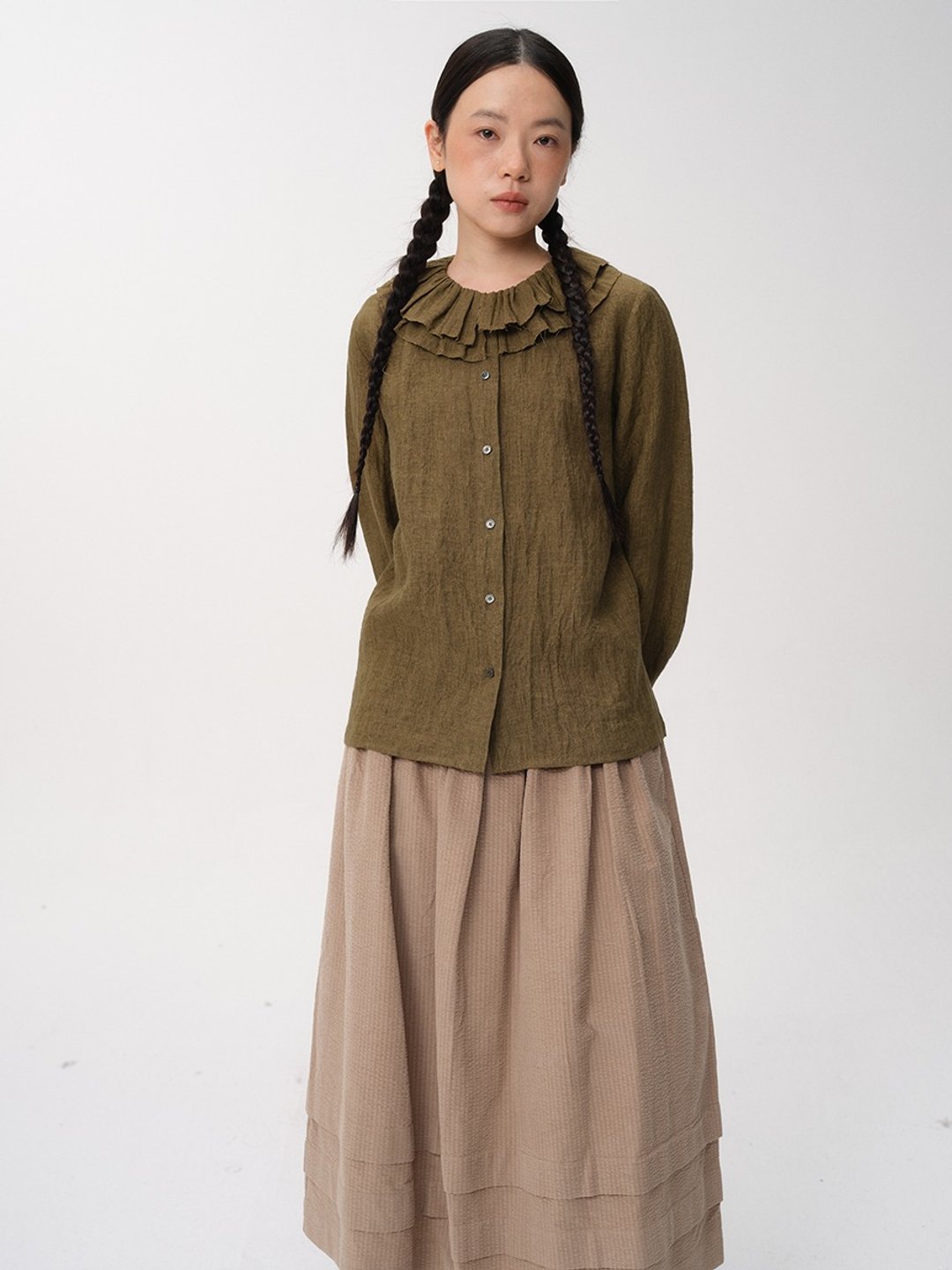 咖喱绿水洗亚麻双层领百搭长袖衬衫 - 女装上衣 - 棉．麻 白色
