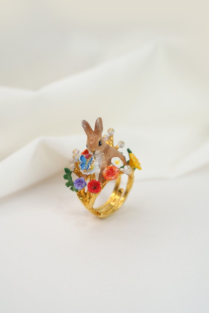 手工彩绘 Rabbit Melody 戒指・动物珐琅饰品・森林童话风 - 戒指 - 其他材质 卡其色
