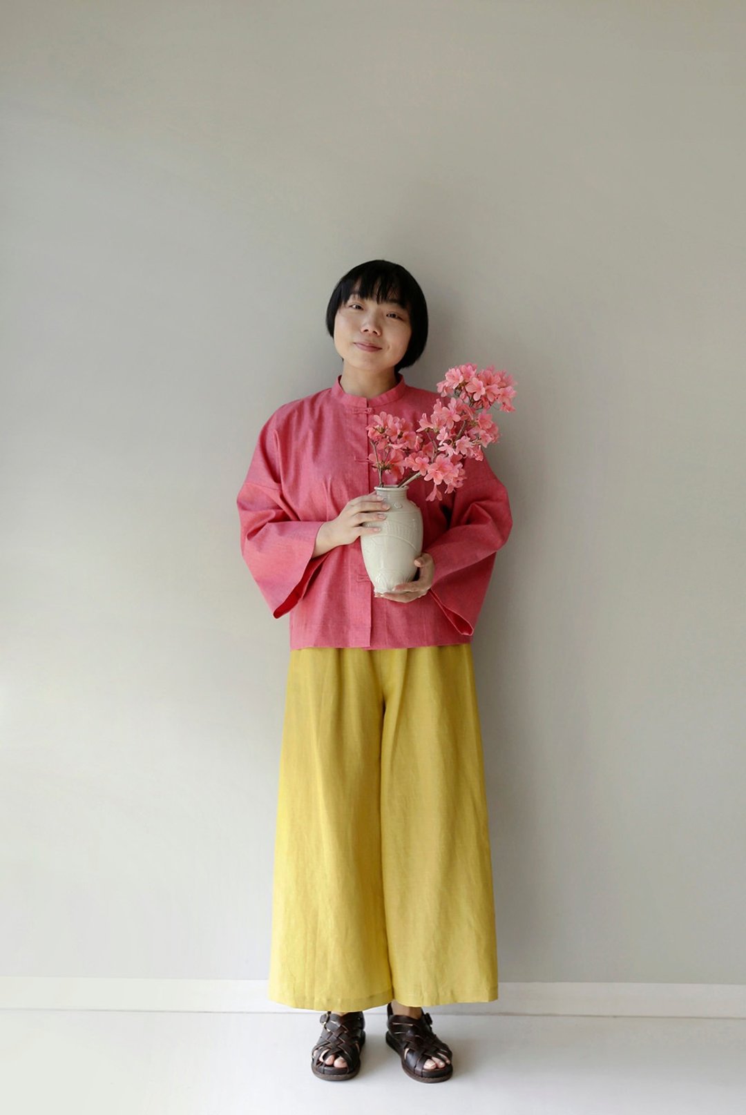 高级Chill  闪闪树莓色亚麻 新中式对襟上衣 - 女装上衣 - 棉 