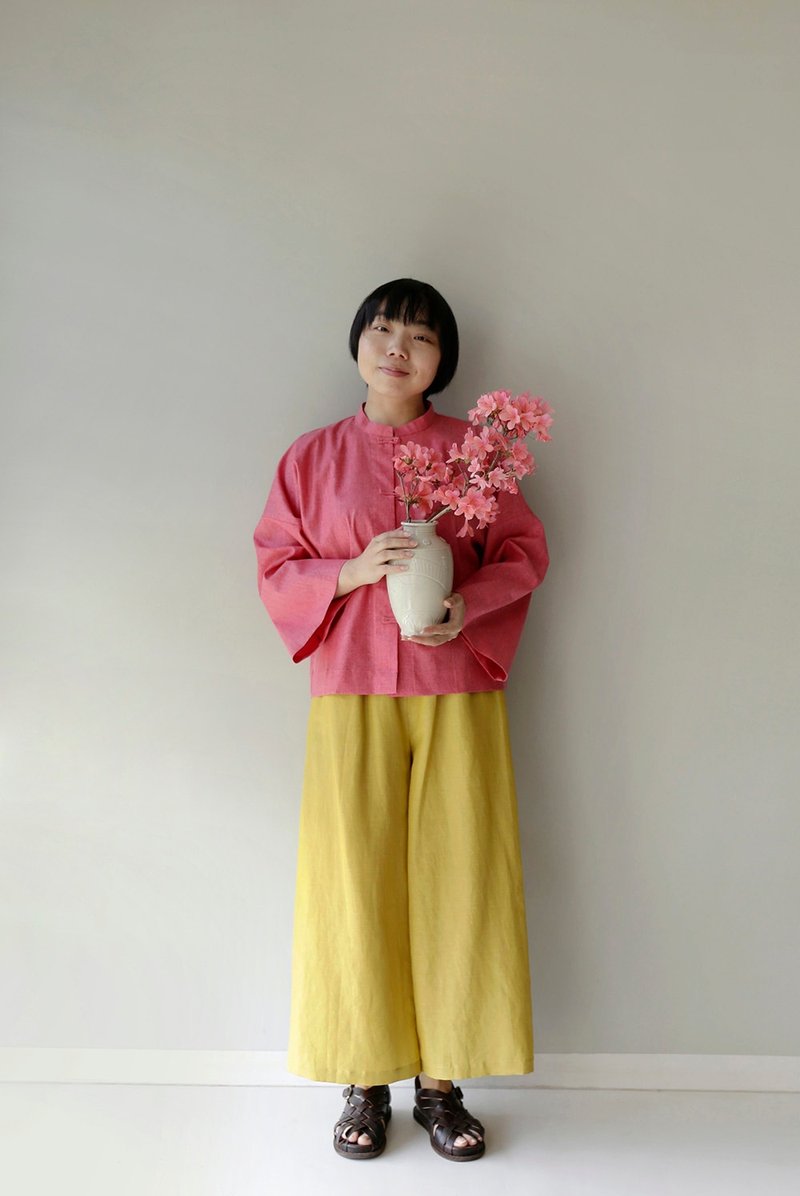 高级Chill  闪闪树莓色亚麻 新中式对襟上衣 - 女装上衣 - 棉．麻 