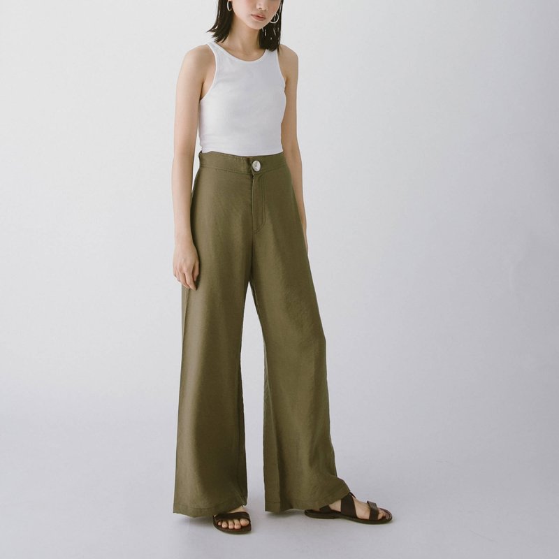 单扣宽管裤 - 军绿 - 女装长裤 - 棉．麻 绿色