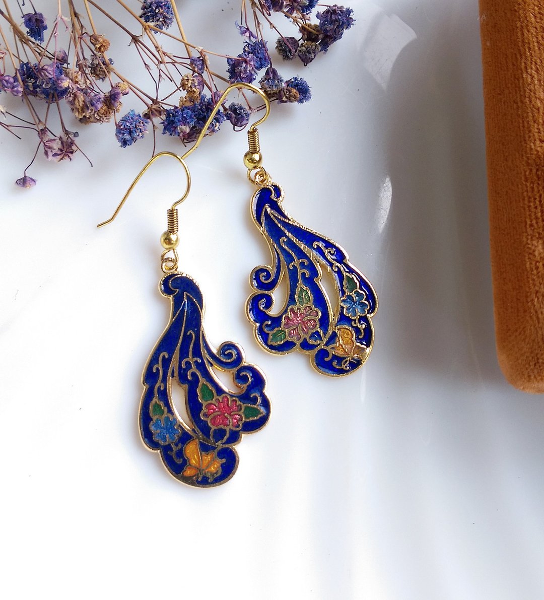 Vintage Jewelry 西洋古董饰品 飘逸羽 景泰蓝 耳勾 针式耳环 - 耳环/耳夹 - 其他材质 金色