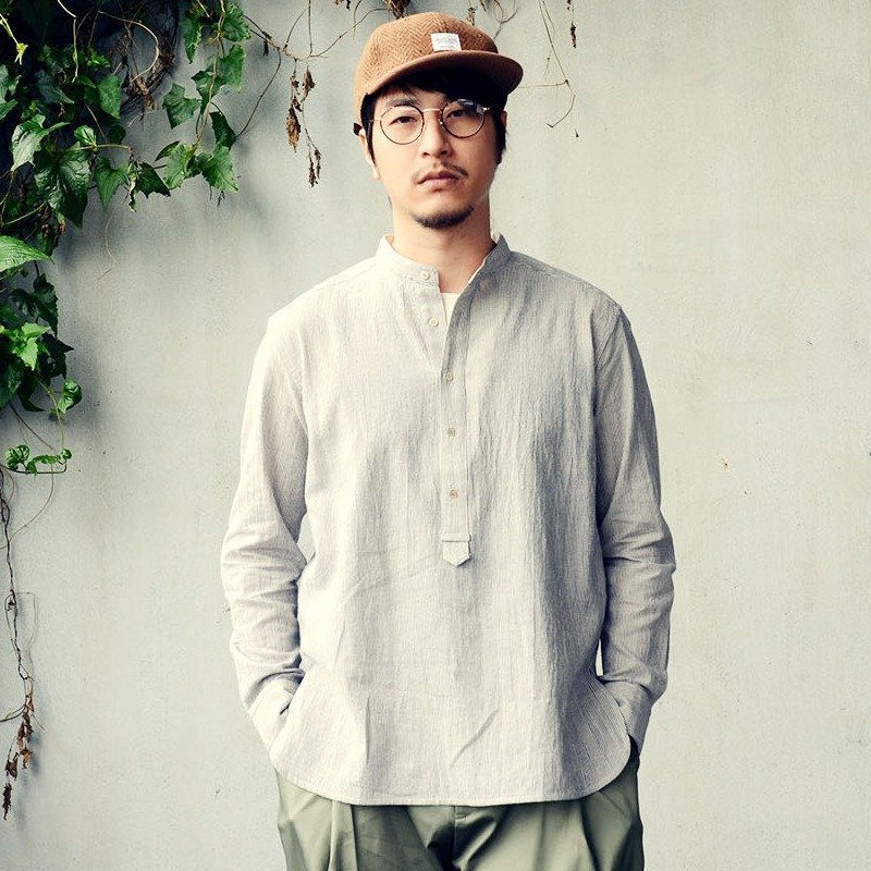 棉麻水洗 条纹 半开襟 平领 衬衫 - 男装衬衫 - 棉．麻 白色