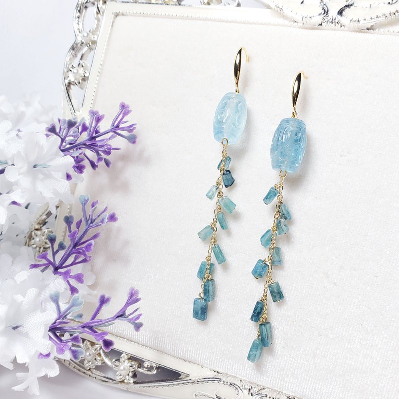 天然 顶级 绿柱石 海蓝宝 回纹 珍稀 蓝碧玺 流苏 富贵 耳环 单品 - 耳环/耳夹 - 宝石 蓝色