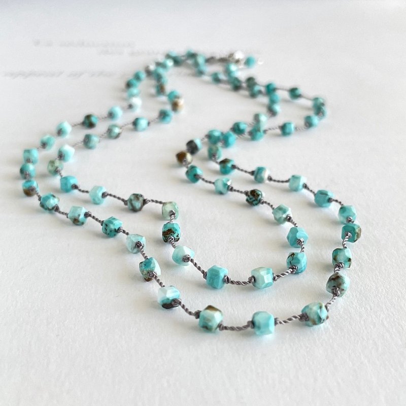 小巧立方体切割土耳其石 长款编绳项链 可改为眼镜链 - 长链 - 半宝石 蓝色