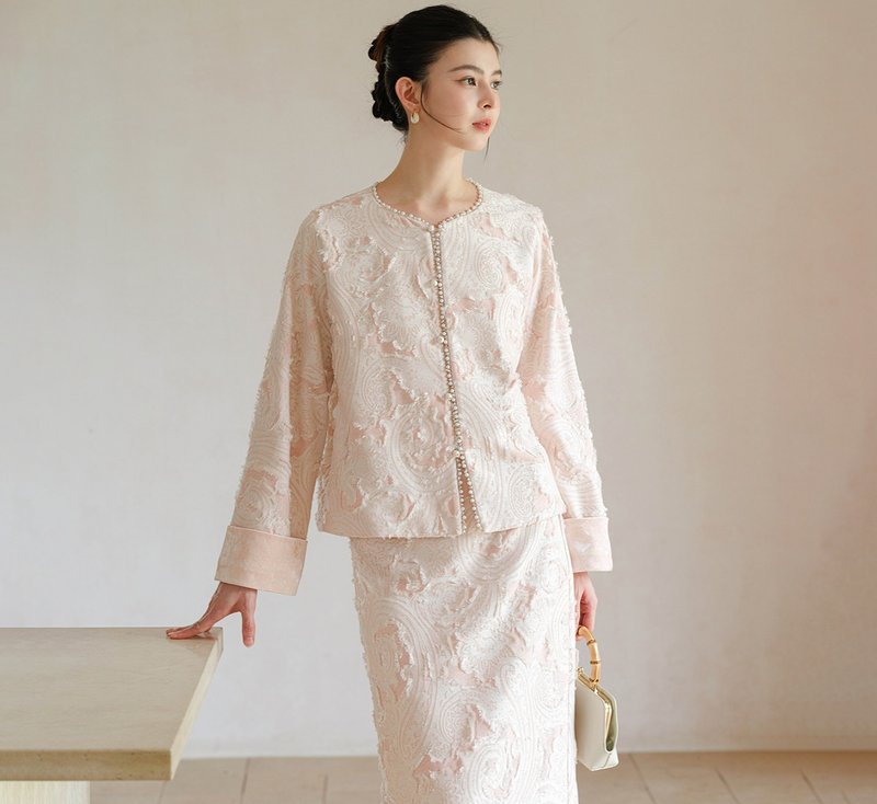 【小香风】新中式复古中国风 温柔高级上衣/半裙 - 女装上衣 - 其他材质 粉红色