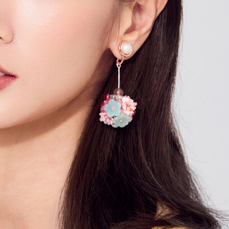 双层樱花 小花球 垂坠耳环 耳夹 耳针 - 耳环/耳夹 - 树脂 粉红色