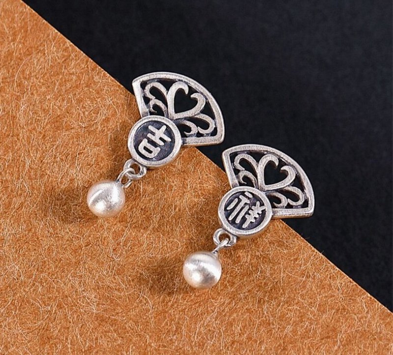 Thai Silver China Chic Chinese Studs Earrings Popular Cultural Gifts Jewelry - 耳环/耳夹 - 纯银 银色