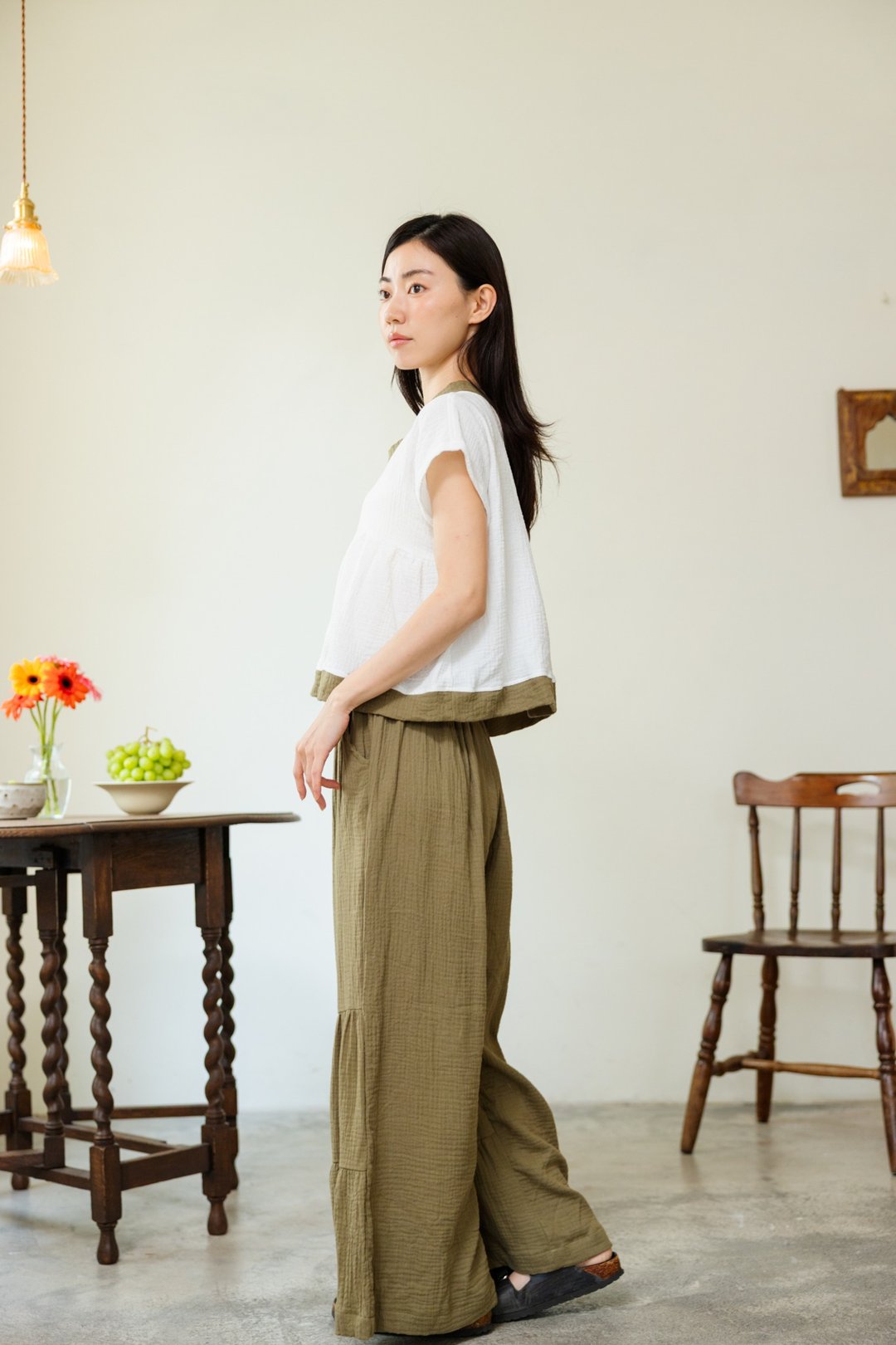 清迈纯棉分层喇叭裤_墨绿 - 女装长裤 - 棉．麻 绿色