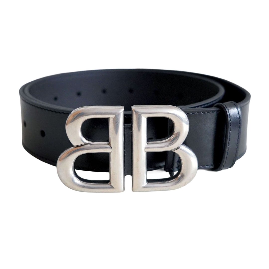 Ceinture en Cuir Noir Balenciaga avec Boucle en Argent BB (T - 皮带/腰带 - 真皮 黑色