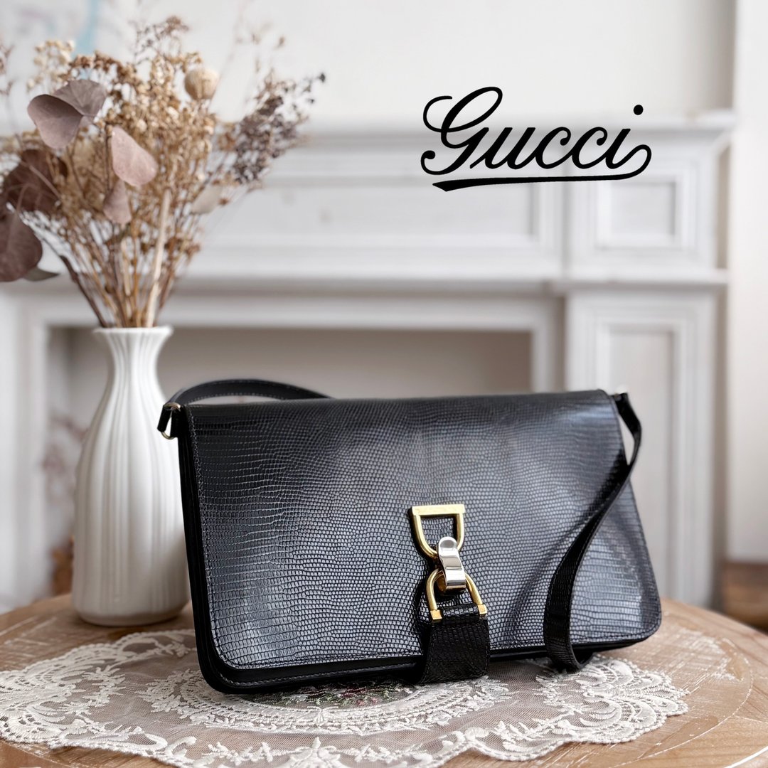 稀有极新美品 GUCCI Vintage 古驰60S古董珍品蜥蜴皮马蹄扣信封包 - 侧背包/斜挎包 - 真皮 黑色