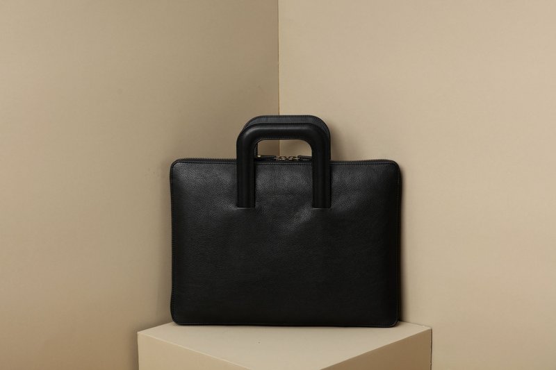Leather Laptop Case with Handles - Black - 电脑包 - 真皮 