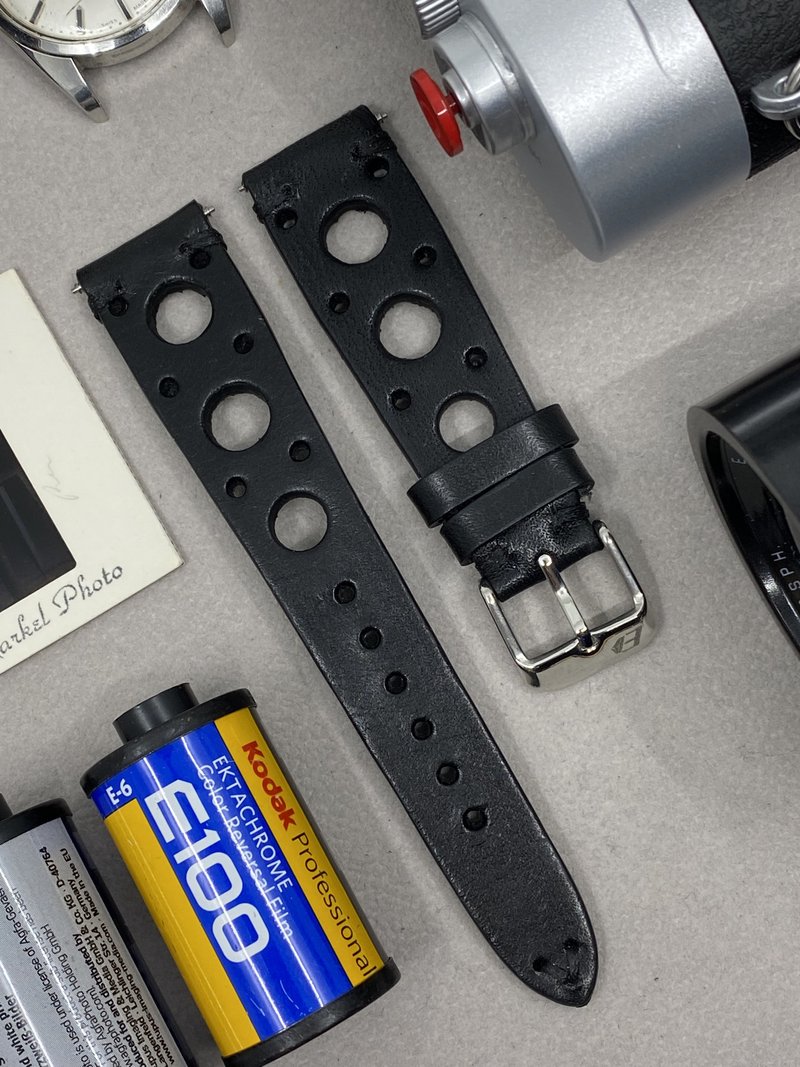 纯黑皮革赛车型表带20mm 表带订制 rolex omega panerai 手工表带 - 表带 - 真皮 黑色