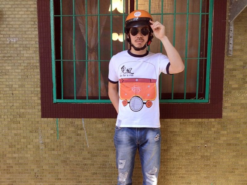 复古T-SHIRT-兜风Go for a ride(滚藏青色边)只剩一件S啰!! - 男装上衣/T 恤 - 棉．麻 