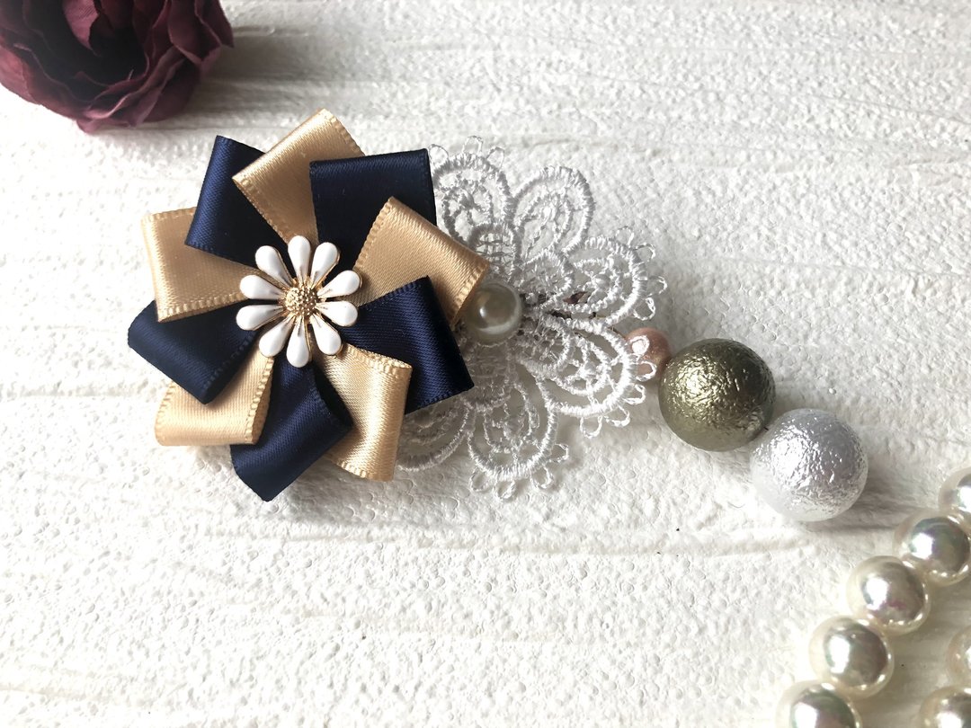 Pinkoi Pre-sale Rosette Valletta Blue Yellow Cotton Pearl - 发饰 - 聚酯纤维 蓝色