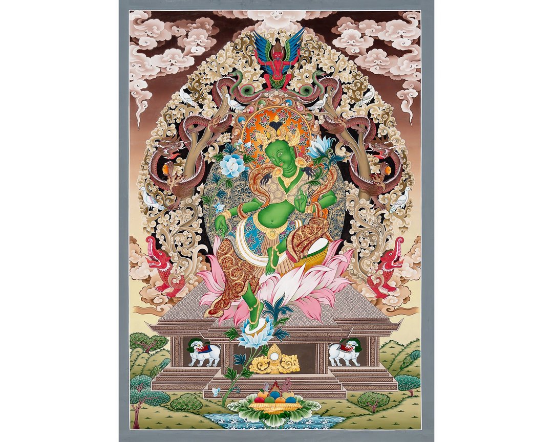 手工制作的绿度母唐卡 - 真实的保护与慈悲象征 - 墙贴/壁贴 - 其他材质 多色