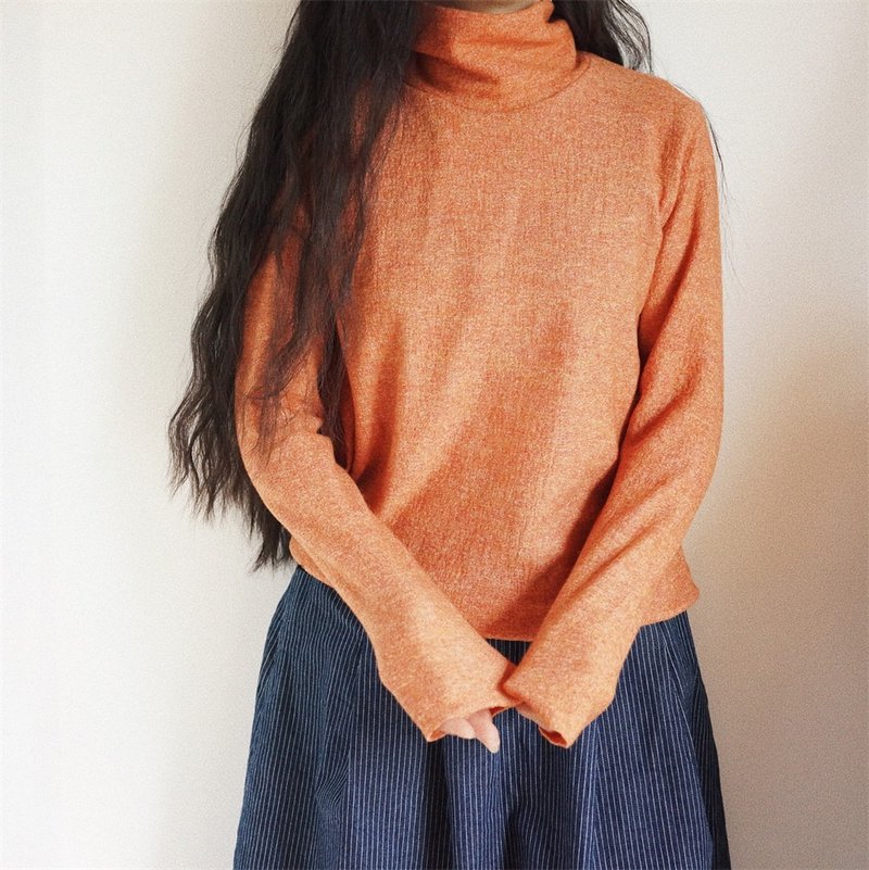 橘黃雜色 進口溫潤薄款針織羊毛 卷邊款 秋冬半高領針織衫 - 女装针织衫/毛衣 - 羊毛 橘色