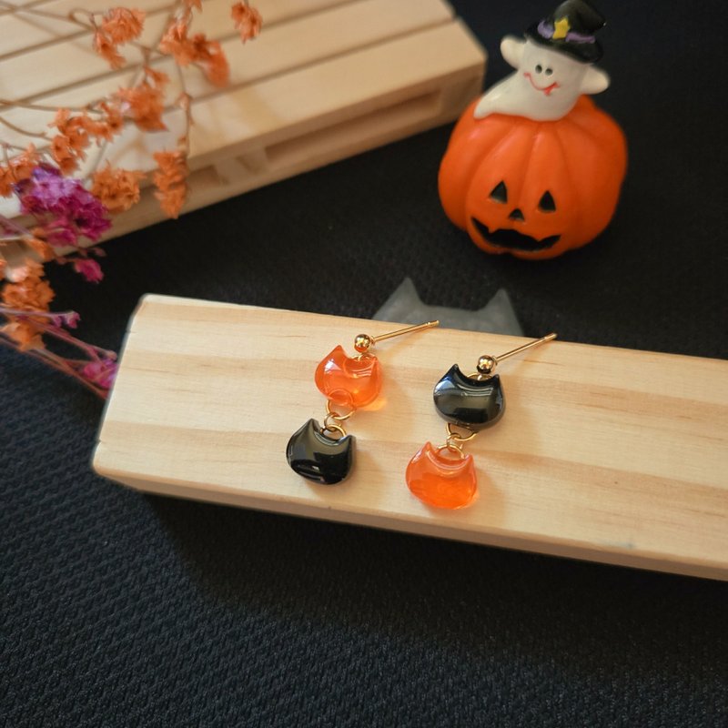 925银 万圣节 耳环 耳针 耳夹 猫 日系 黑橘 可爱 少女 礼物 疗愈 - 耳环/耳夹 - 树脂 橘色