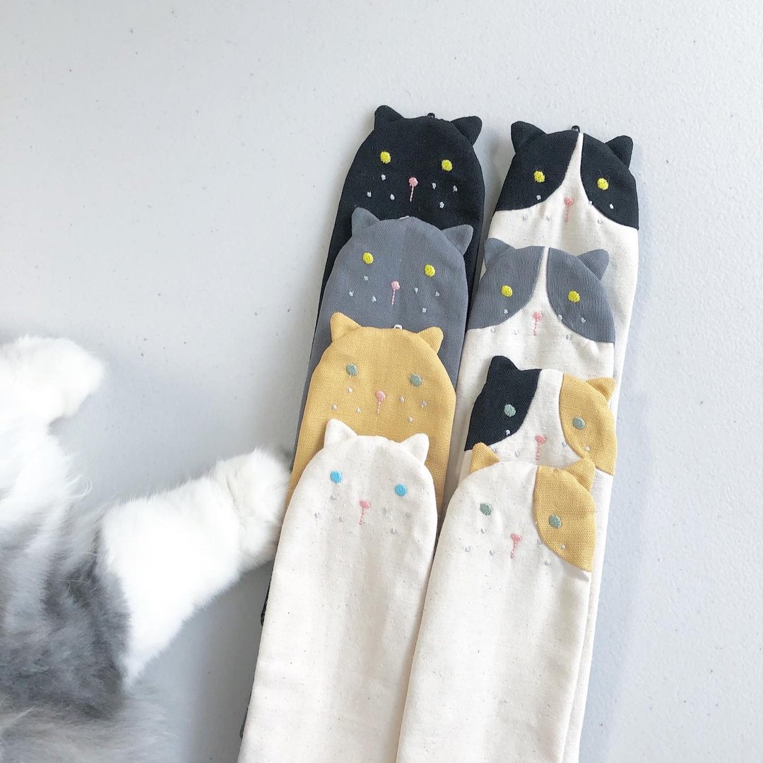 定制。绣名。猫猫拉链餐具袋 - 餐刀/叉/匙组合 - 棉 多色