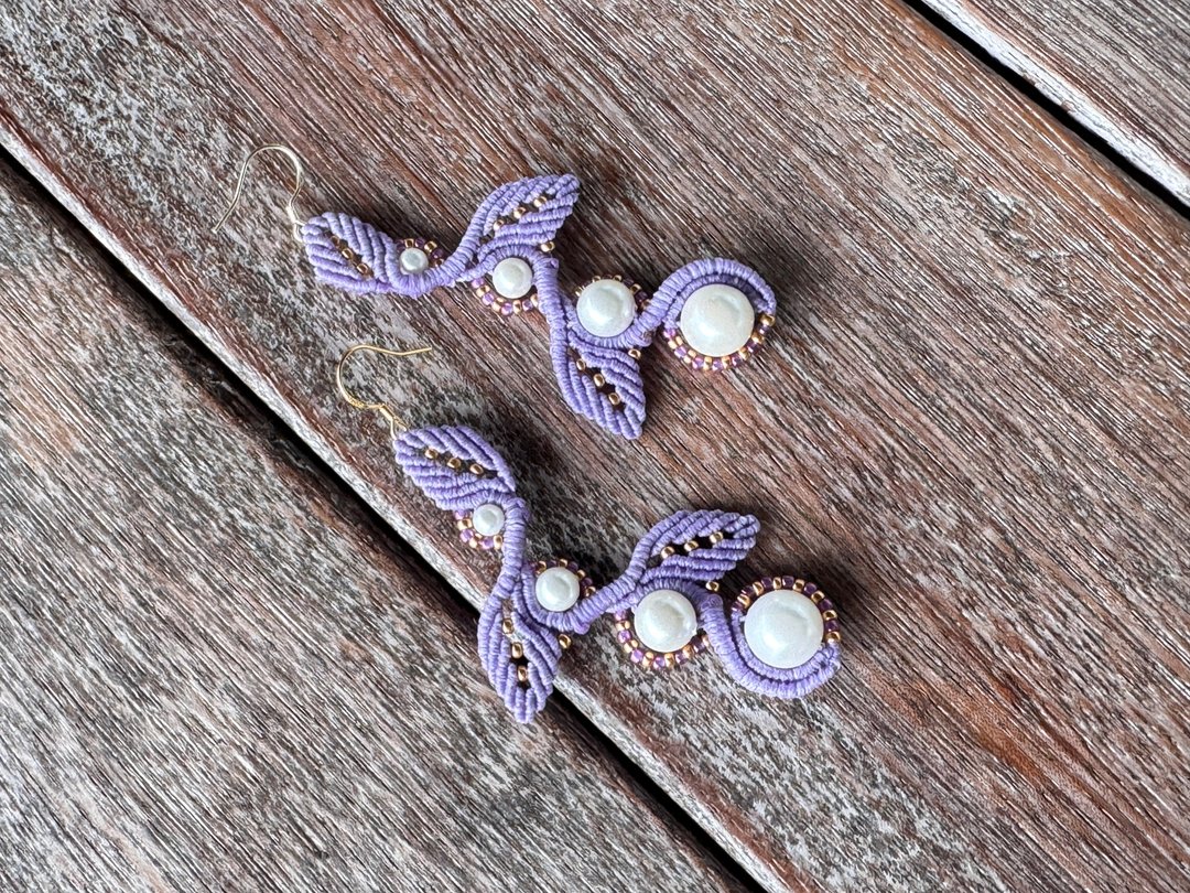 #20251142 Macrame 南美蜡线 Swarovski 珍珠 耳环 - 项链 - 铜/黄铜 紫色