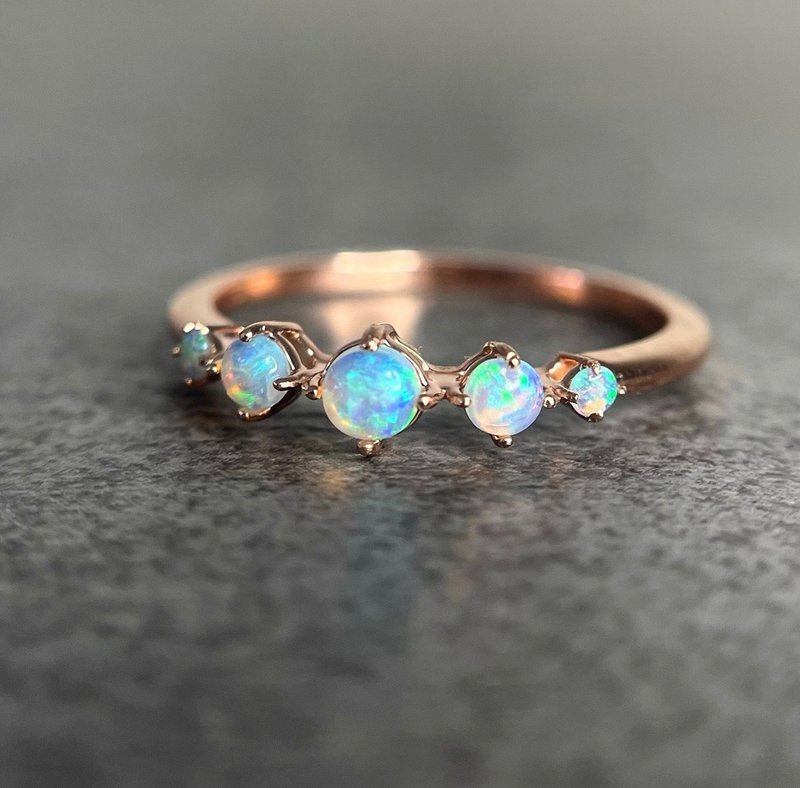 蛋白石戒指-叠戴戒指-定情戒指-送给女友的礼物 - 戒指 - 纯银 金色