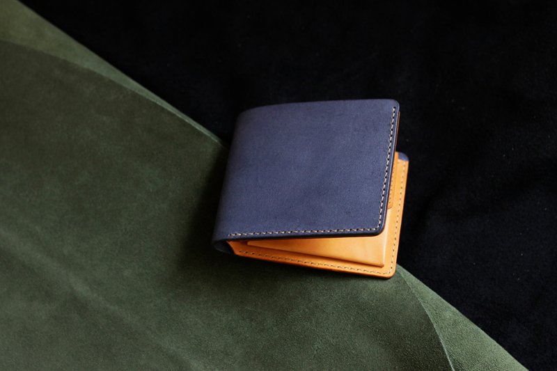 意大利植鞣革配色三卡零钱袋短夹 - 皮夹/钱包 - 真皮 蓝色