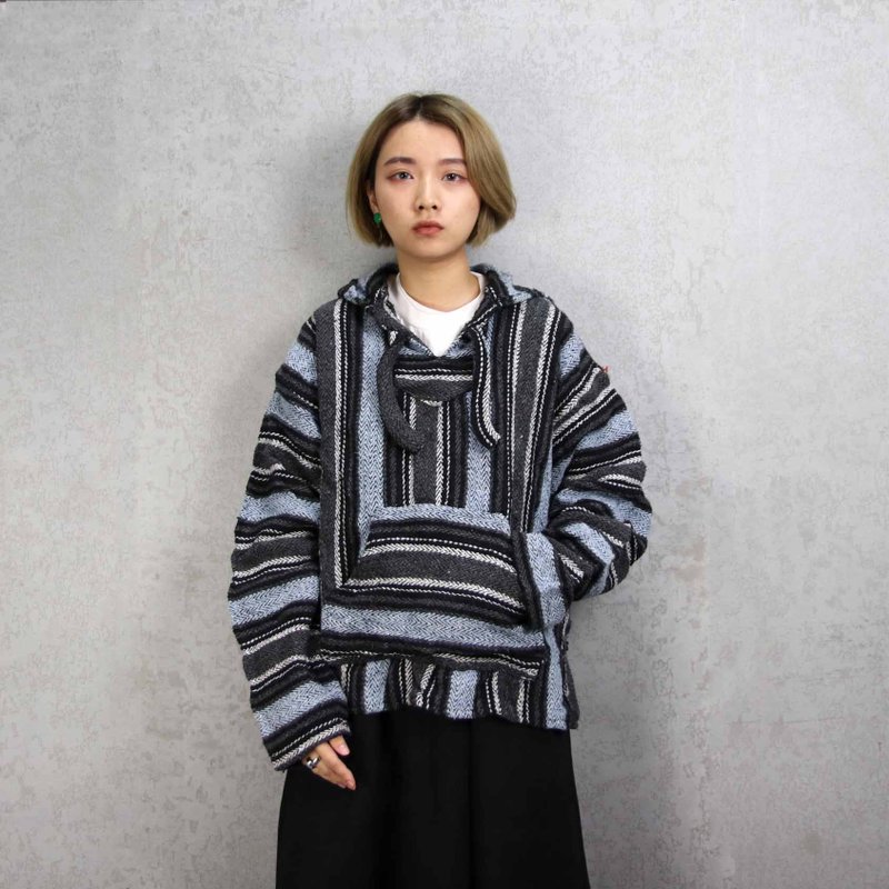 Tsubasa.Y古着屋B19蓝灰条纹墨西哥羊毛帽Tee, 针织 连帽衫 帽tee - 女装针织衫/毛衣 - 羊毛 蓝色