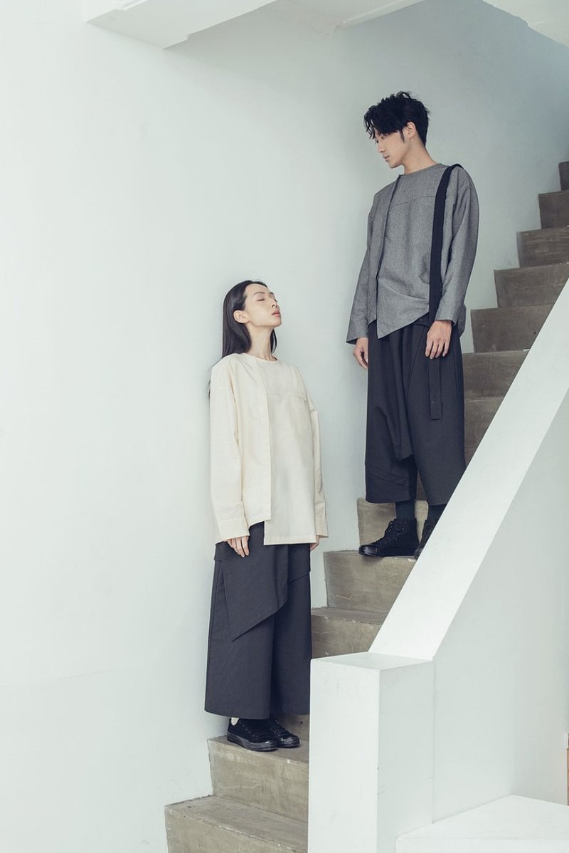 减制 圆领侧门襟长袖上衣(黑/灰/原胚) Organic Cotton & Recycle - 男装衬衫 - 棉 灰色
