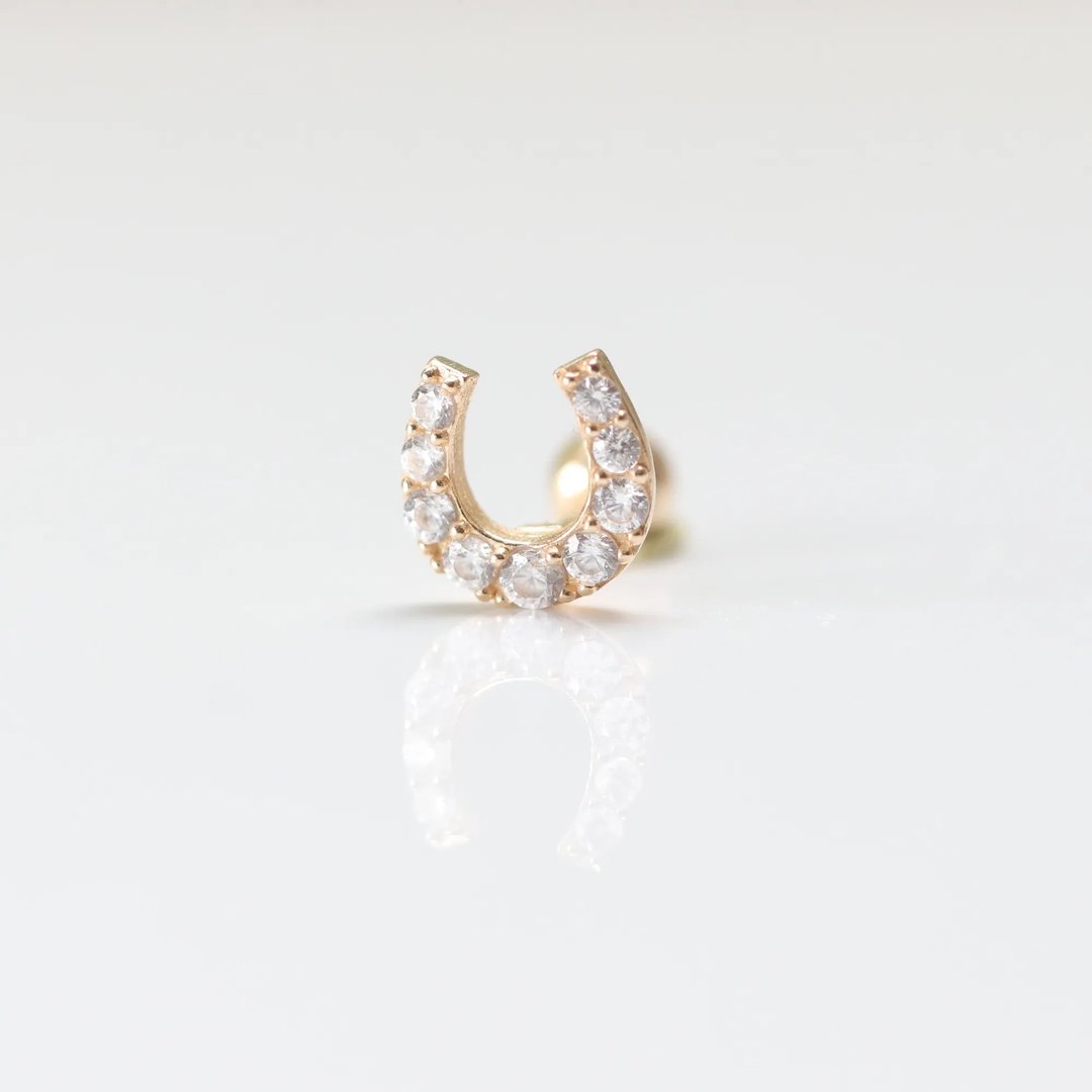 14K 金马蹄钻锁珠耳环(单个)耳骨 耳窝 不退色 - 耳环/耳夹 - 贵金属 金色