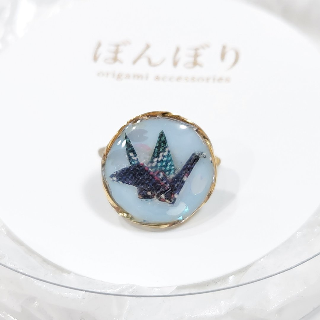 樱花花瓣飞舞的自由尺寸折纸鹤戒指│蓝色 - 戒指 - 纸 蓝色