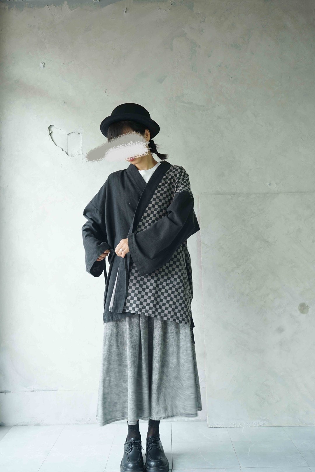 寻宝古着-鬼灭黑灰方格夏季厚棉日式和服甚平罩衫 - 女装休闲/机能外套 - 棉 灰色