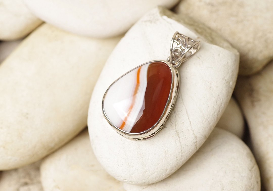 Agate Pendant - Gemstone Pendant Necklace | Natural Agate - 项链 - 纯银 橘色