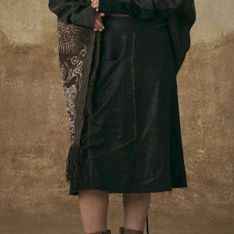 復古香雲紗高腰半身裙 / 寬鬆顯瘦做舊設計 / 春季百搭裙子 - 裙子 - 棉．麻 黑色