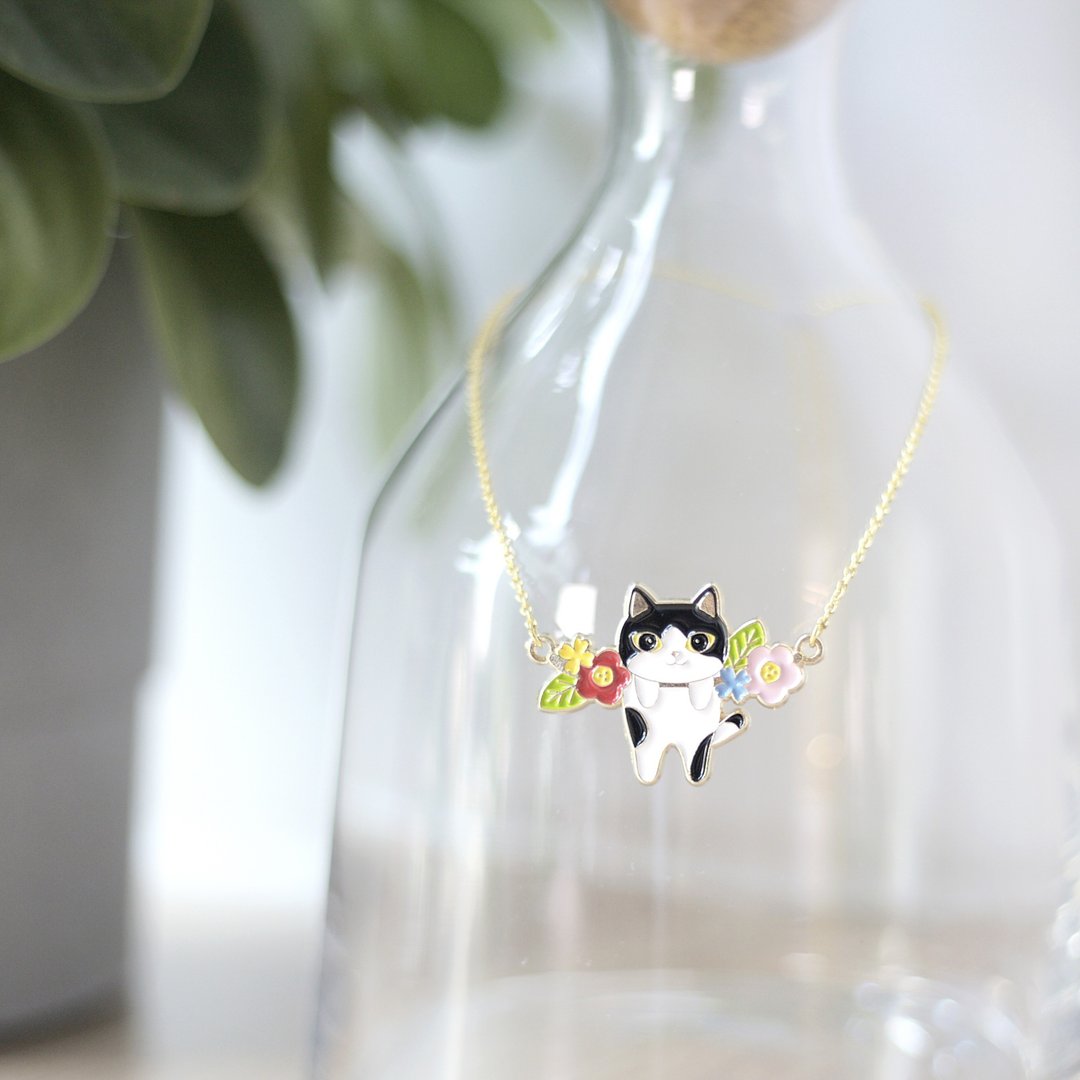 Meow黑白猫花花颈链 - 项链 - 珐琅 黑色