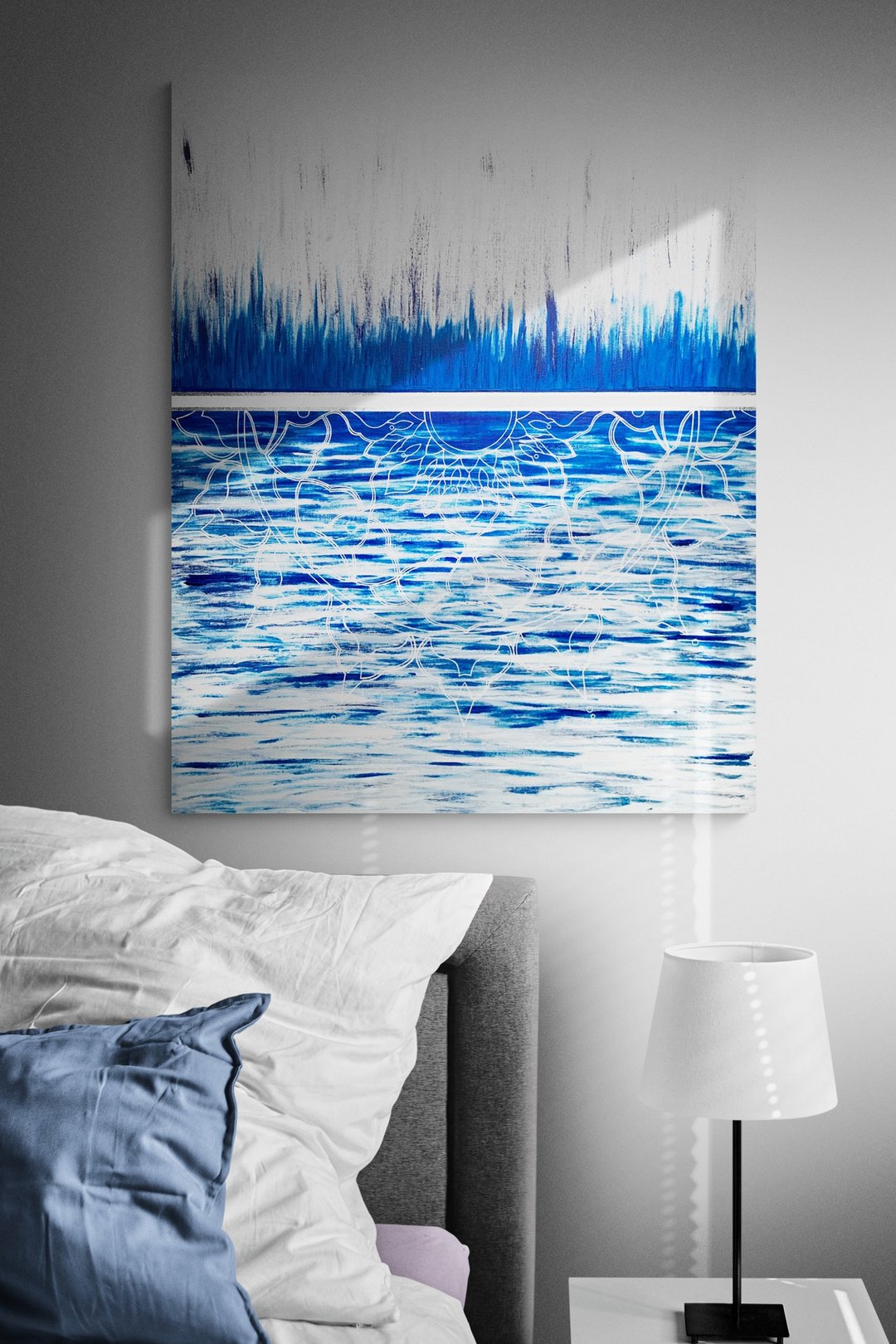 Large mandala painting Sacred geometry art Symbolic white blue esoteric yoga art - 墙贴/壁贴 - 压克力 蓝色