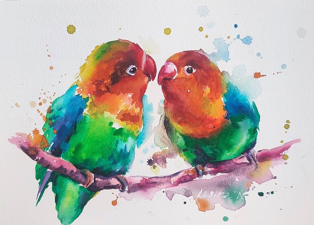 爱情鸟水彩鹦鹉原创艺术雀插画动物艺术 - 墙贴/壁贴 - 纸 绿色