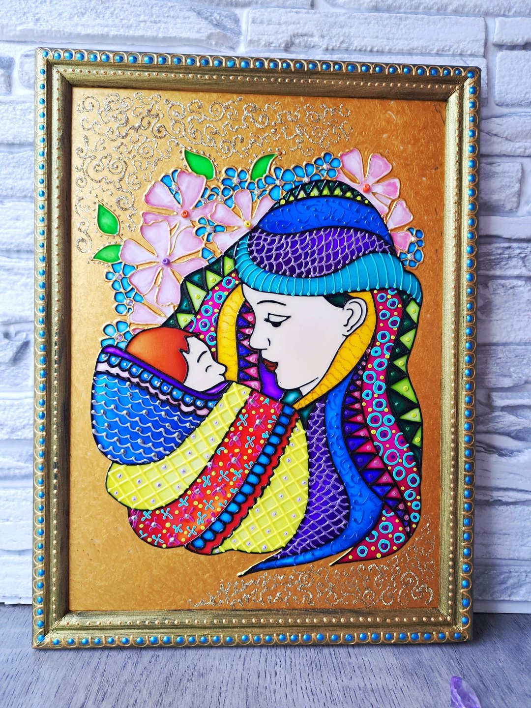 彩色玻璃原画母亲和孩子圣母玛利亚墙壁装饰马赛克 - 墙贴/壁贴 - 玻璃 多色