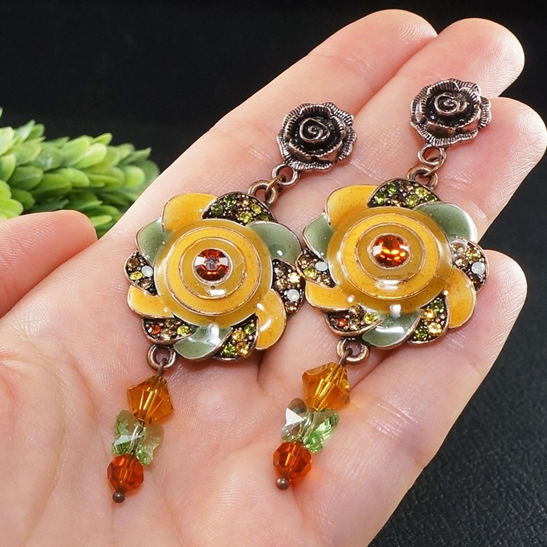 Mustard Yellow Green Orange Swarovski Crystal Enamel Large Long Earrings Jewelry - 耳环/耳夹 - 水晶 黄色