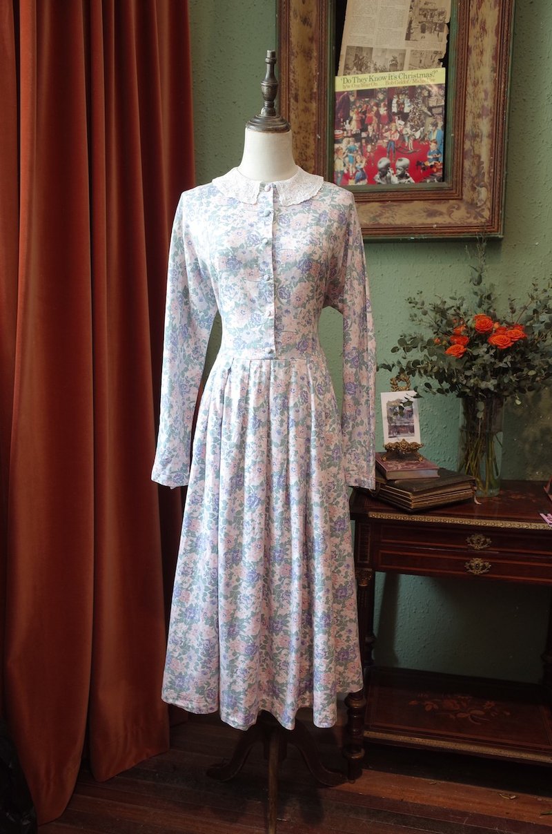 vintage英国Laura Ashley蕾丝翻领印花连衣裙古着 - 洋装/连衣裙 - 棉．麻 