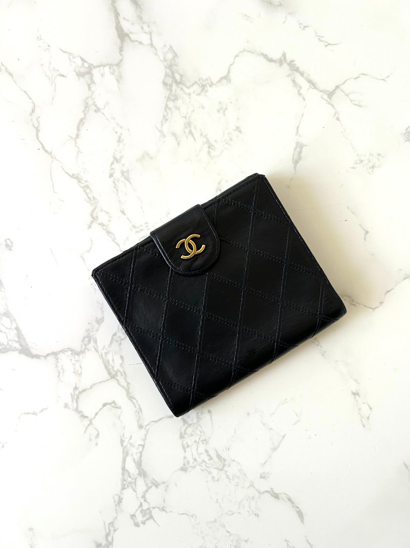 中古Chanel双面小羊皮革 黑色短夹 皮夹 钱包 小包 古董二手包 - 皮夹/钱包 - 真皮 黑色