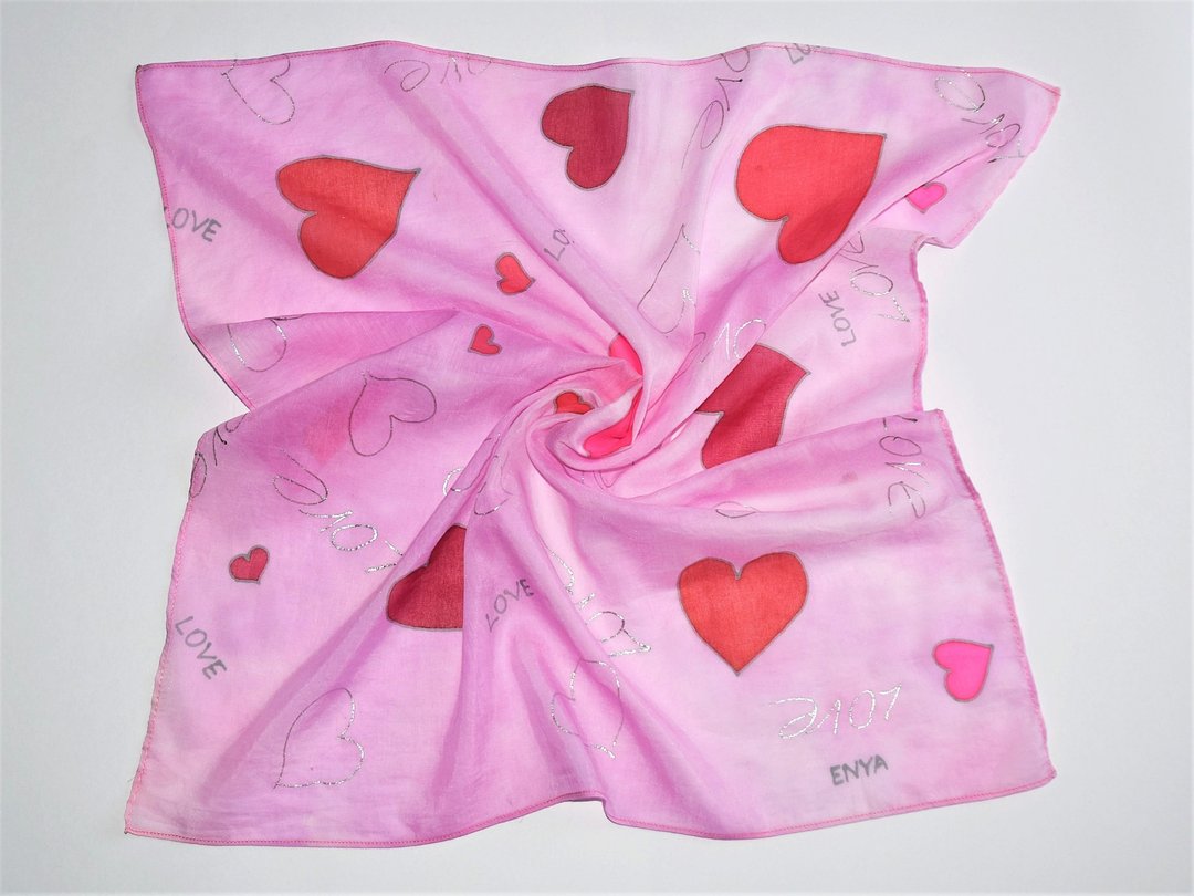 Silk cotton scarf Pink scarf headband Hand dyed silk scarf pink red hearts scarf - 丝巾 - 丝．绢 粉红色