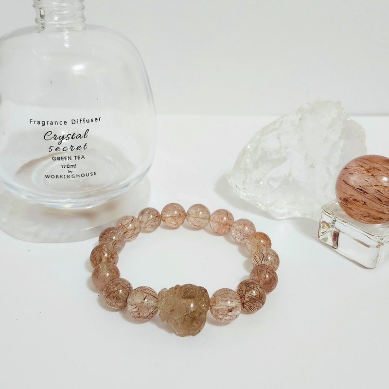 红铜发晶龙龟设计手链/招财聚财、避防小人之搭配水晶 - 手链/手环 - 水晶 红色