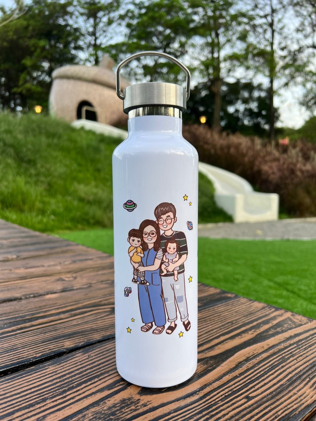 我的家庭幸福美满 Q版插画 定制化保温瓶 露营纪念礼物 疗愈收藏 - 保温瓶/保温杯 - 不锈钢 粉红色